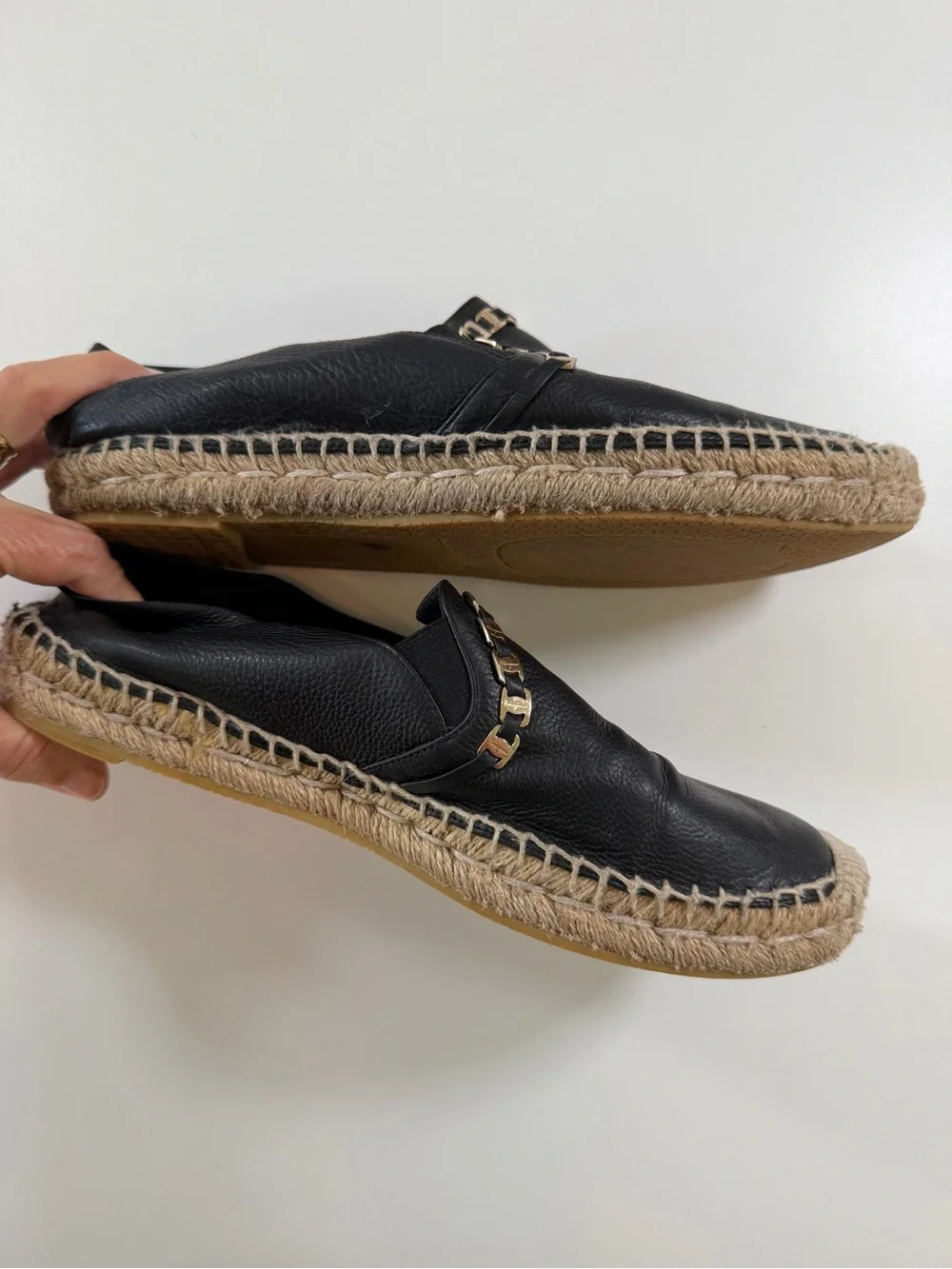 Salvatore Ferragamo Leather Chain Espadrilles 7.5C Wide Black